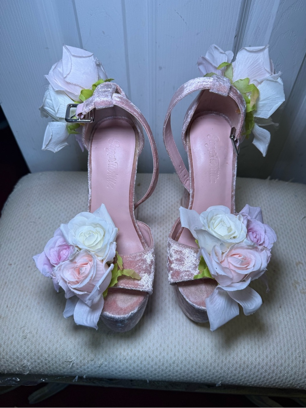 SUGAR THRILLZ Pink Velvet Floral Platform Heels with Ankle Strap